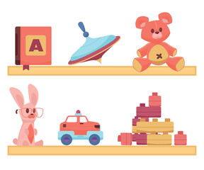Cute toys. Playthings for children. Colorful balloons and plush animals. Whirligigs or machines on shelves. Book for learning alphabet. Construction blocks. Vector playroom elements set