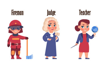 Kids in uniform. Cute children with work tools. Different professions. Teacher and judge. Firefighter with ax. Happy boy and girls. Occupation and labor. Vector professional workers set