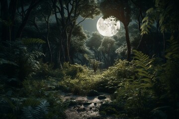 Obraz na płótnie Canvas lush forest under the moon. Generative AI