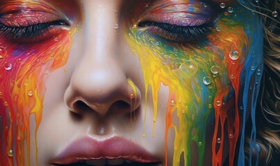 Fototapeta premium A stunning portrait of a woman’s eye, with a vibrant and colorful background that seems to be made of splashes of paint Generative AI