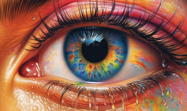 A stunning portrait of a woman’s eye, with a vibrant and colorful background that seems to be made of splashes of paint Generative AI