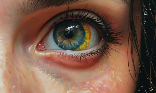 A stunning portrait of a woman’s eye, with a vibrant and colorful background that seems to be made of splashes of paint Generative AI