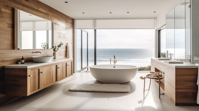 Modern and Luxury bathroom, bathtub interior design with Ocean View