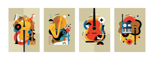 Jazz music. Concert instruments, posters with piano, saxophone and guitar, abstract orchestra graphic covers. Geometric background, prints and invitation. Vector cartoon flat illustration - obrazy, fototapety, plakaty