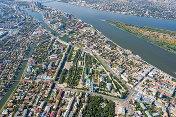 Astrakhan, Russia. Astrakhan Kremlin. Panorama of the city from the air in summer. Volga river....