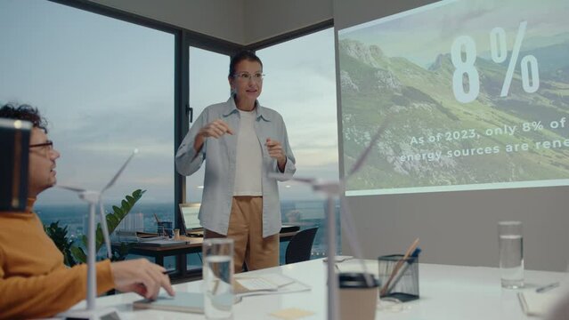 Female team leader explaining presentation on projection screen to colleagues during business meeting in green energy company in modern office with panoramic windows overlooking the cityscape