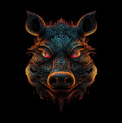 Image of cyberpunk pig mask with colorful patterns on black background. Wildlife Animals. Illustration. Generative AI.