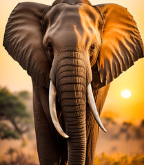 Portrait of an African elephant at sunset.  generative AI
