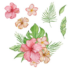 Watercolor tropical illustration with bright tropical leaves and flowers