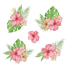 Watercolor tropical illustration with bright tropical leaves and flowers