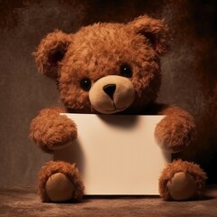 A teddy bear holding a blank card in its paws. The bear is brown and has a soft, plush texture. The card is white and blank, with no writing or images on it. 