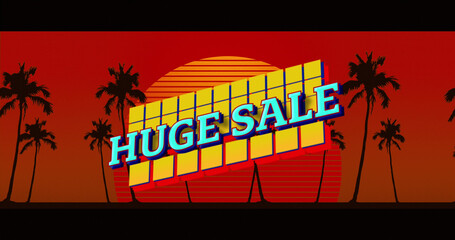 Composition of huge sale over sun and palm trees on red background