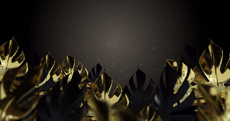 Composition of multiple gold leaves with copy space on black background