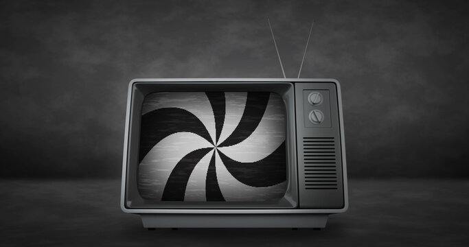 Retro television set with black and white stripes on screen on grey background
