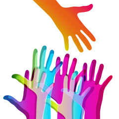 Hands on a light background. Colorful silhouettes arms.  Vector team, help, friendship symbol illustration.