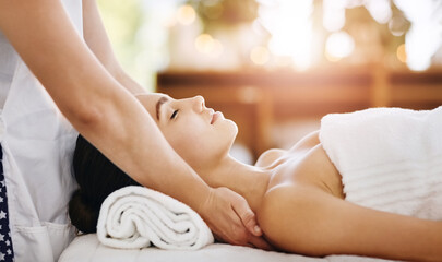 Obraz na płótnie Canvas Healing, beauty and massage with woman in spa for wellness, luxury and cosmetics treatment. Skincare, peace and zen with female customer and hands of therapist for physical therapy, salon and detox
