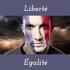 Fototapeta na wymiar Composition of bastille day text over caucasian man with painted flag of france on face