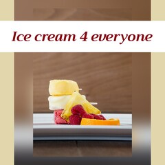 Composition of happy ice cream day text over fruit and ice cream