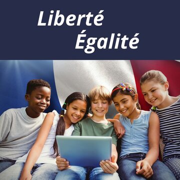 Composition of bastille day text over diverse children with laptop and flag of france