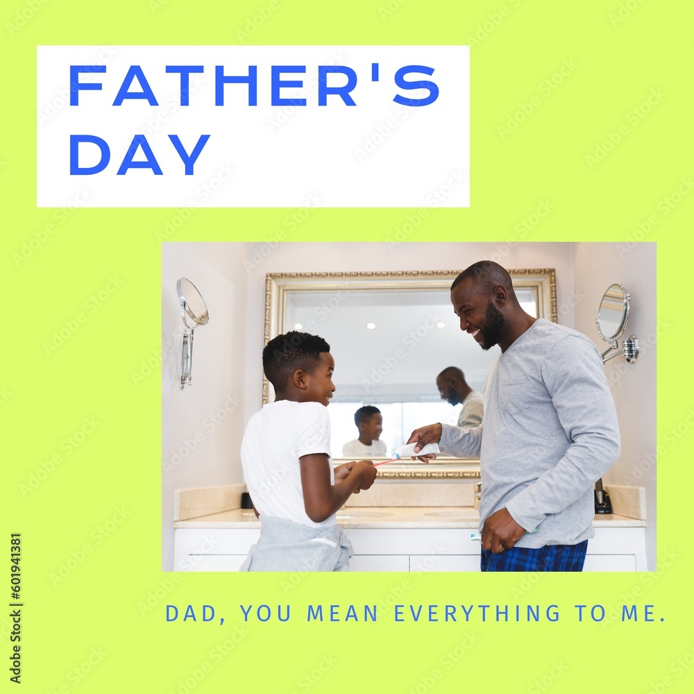 Sticker Composition of father's day text over african american father and son with toothbrush