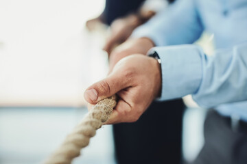 Hand, rope and tug of war, team building with business people and collaboration, competition and mockup space. Corporate conflict resolution, challenge and teamwork with employees in workplace - obrazy, fototapety, plakaty
