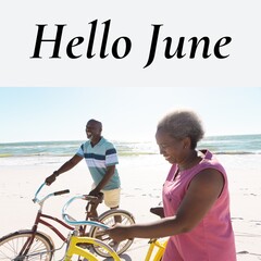 Composition of hello june text over african american senior couple with bikes by seaside