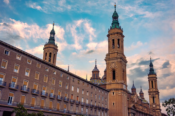 Basilica del Pilar, monumental cathedral at sunset in the tourist city of Zaragoza, Spain.