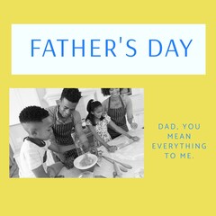 Composition of father's day text over african american couple with son and daughter baking