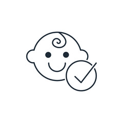 Baby face and round checkmark sign. Approved by children.  Vector linear icon isolated on white background.