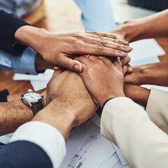 Closeup of hands together, business people in meeting and solidarity, support and team huddle with...