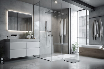 Modern bathroom, polished concrete wall, floor, white marble vanity counter, washbasin, shower with reeded glass partition and washing machine, for interior design with generative AI technology