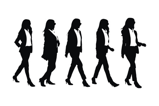 Stylish female model silhouette set vector, wearing suits on a white background. Anonymous businesswoman walking in different positions. Modern female model and employee silhouette collection.