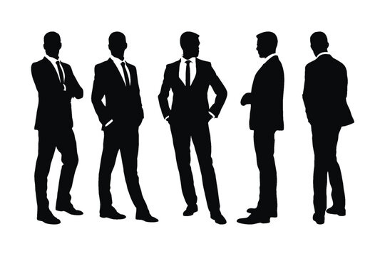 Modern businessman silhouette bundle, standing in different positions. Male employees wearing official dresses and standing. Anonymous male model silhouette collection on a white background.
