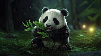 Obraz na płótnie Canvas cute panda eating bamboo tree, amazon jungle. Generative AI