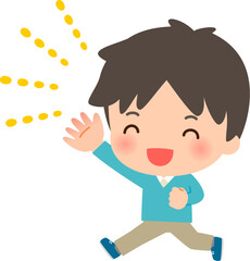 手を挙げてジャンプする笑顔の男性