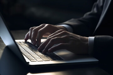 Business man hand typing ob laptop computer keyboard on office desk with generative AI technology