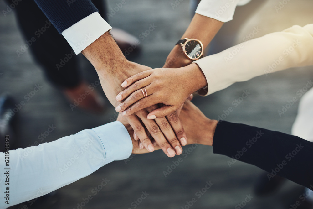 Aufkleber hands together, business people and solidarity with top view, support and team huddle with collabora