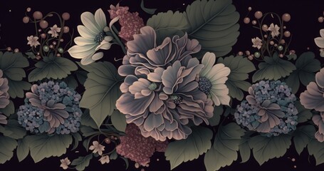 Floral vintage background, dark seamless pattern. Hand-drawn 3d illustration. Garden flowers, hydrangea, gypsophila, leaves, fireflies, magic blooming, Generative AI
