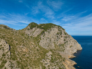Flight past rocky cliffs and sea, Cap Formentor, coastal landscape, Pollença, Mallorca, Balearic Islands, Spain