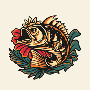 Fish and Flower Nature Vector Illustration