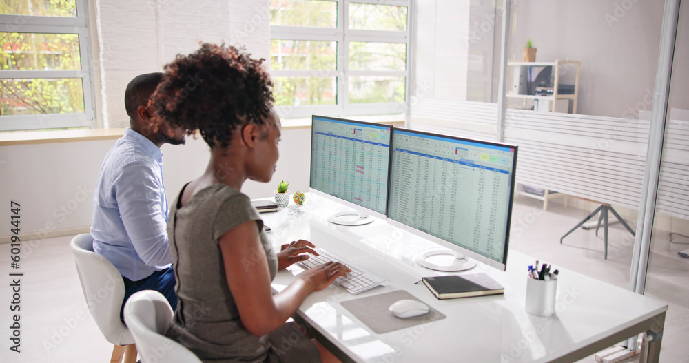 Poster analyst employee working on spreadsheet