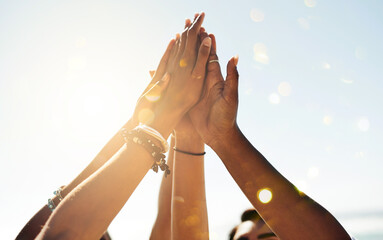 Hands, high five and closeup group of people outdoor for solidarity, trust and goal collaboration....