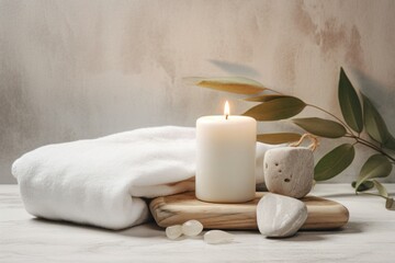 Fototapeta na wymiar a white towel sitting on top of a table next to a candle, a picture, white studio background, stone, cedar, spanish, wallpaper. Generative ai