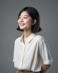 Obraz premium The beige white office uniform suited woman stands proudly in front of a office, radiating confidence and professionalism in her posture and smile. generative AI