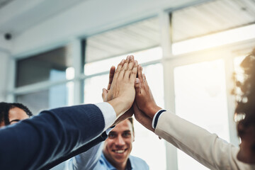 Hands together, high five and team, business people with support and achievement, deal and success in collaboration. Group of employee, winning in meeting and teamwork with community and mission