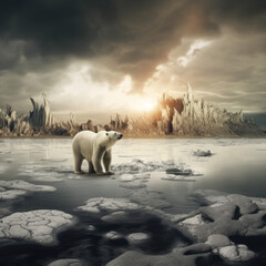 Endangered Polar Bear on Melting Glaciers: Climate Crisis Impact - Created with Generative AI and Other Techniques
