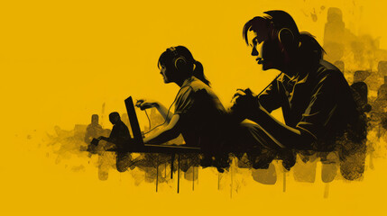 Young teens playing video games. Gamers playing on computer against a a yellow background. Created with generative AI technology