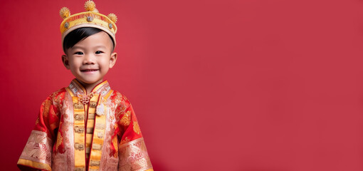 a smiling boy child dressed as a king's soft solid background generative ai