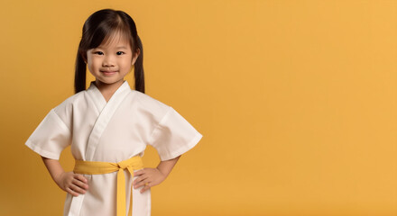 a smiling girl child dressed as a martial arts athletes in soft solid background generative ai