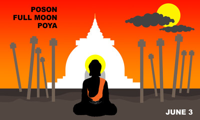 silhouette of buddha in orange robe meditating in front of Thuparamaya temple with sunset background commemorating Poson Full Moon Poya on June 3
